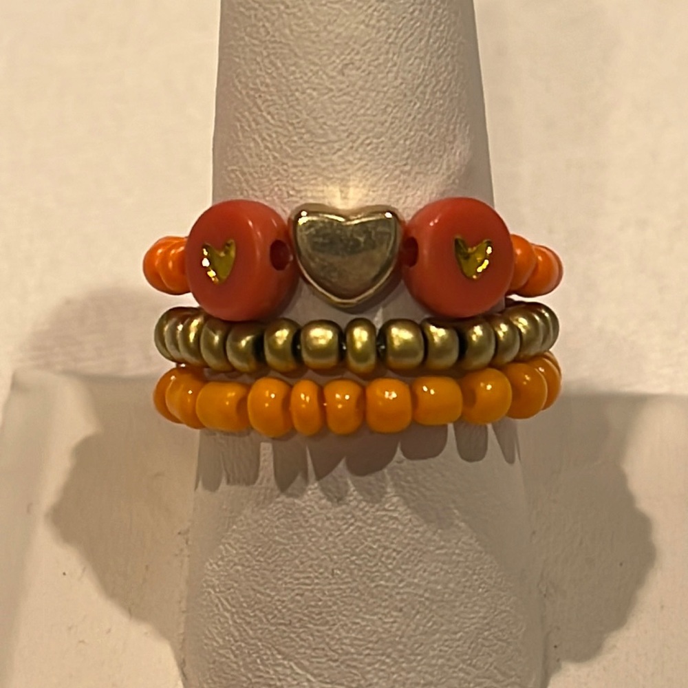 Handmade Orange & Gold Beaded Ring Set, Stretchy